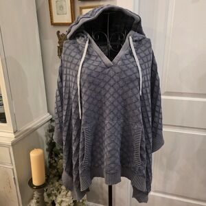 CARBON2COBALT S/M Portico Poncho Sweater Blue Textured Cotton Hood Boho‎ Cozy